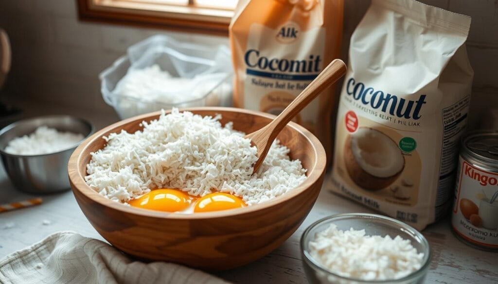 Mixing coconut bread ingredients